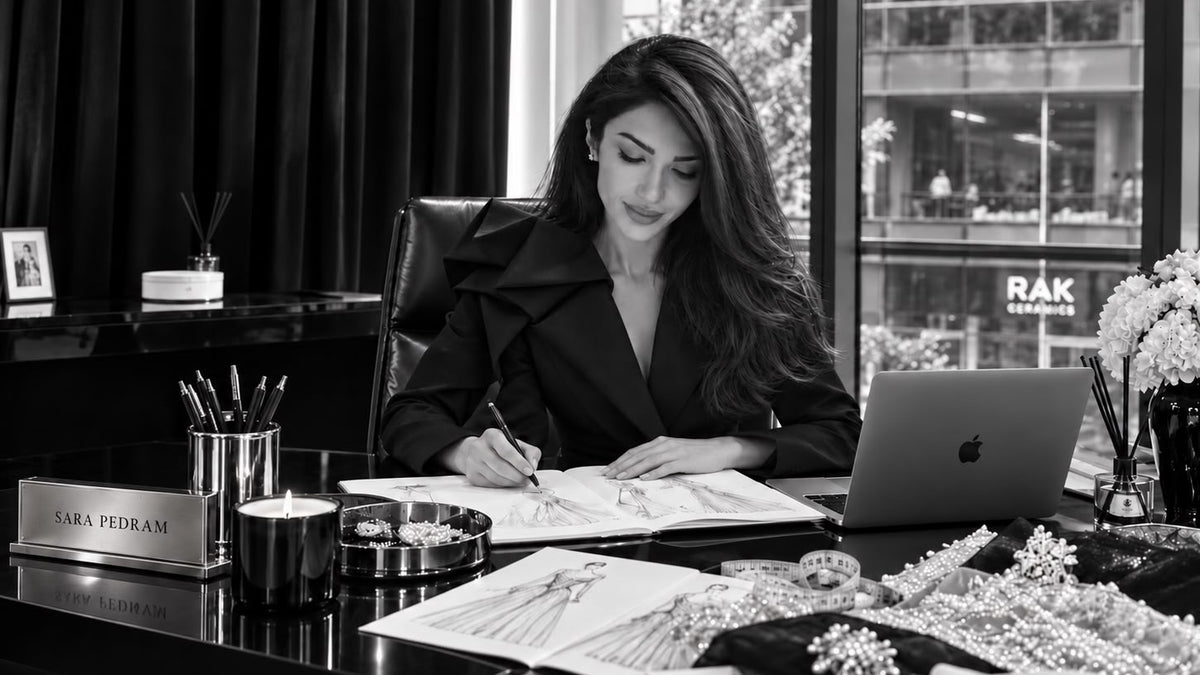 A black and white lifestyle photograph of a woman, identified as Sara Pedram, sitting at a desk in a modern office setting. She is writing in a notebook with a laptop and fashion accessories around her.slider_item_LQk4hy